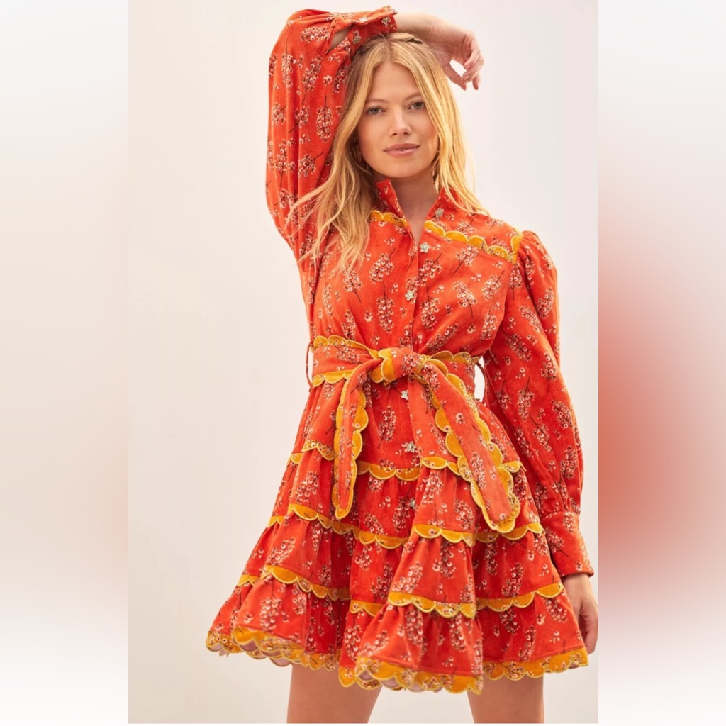 New With Tags Celiab Corduroy Orange Flowered Vintage Inspired Dress Size Xl